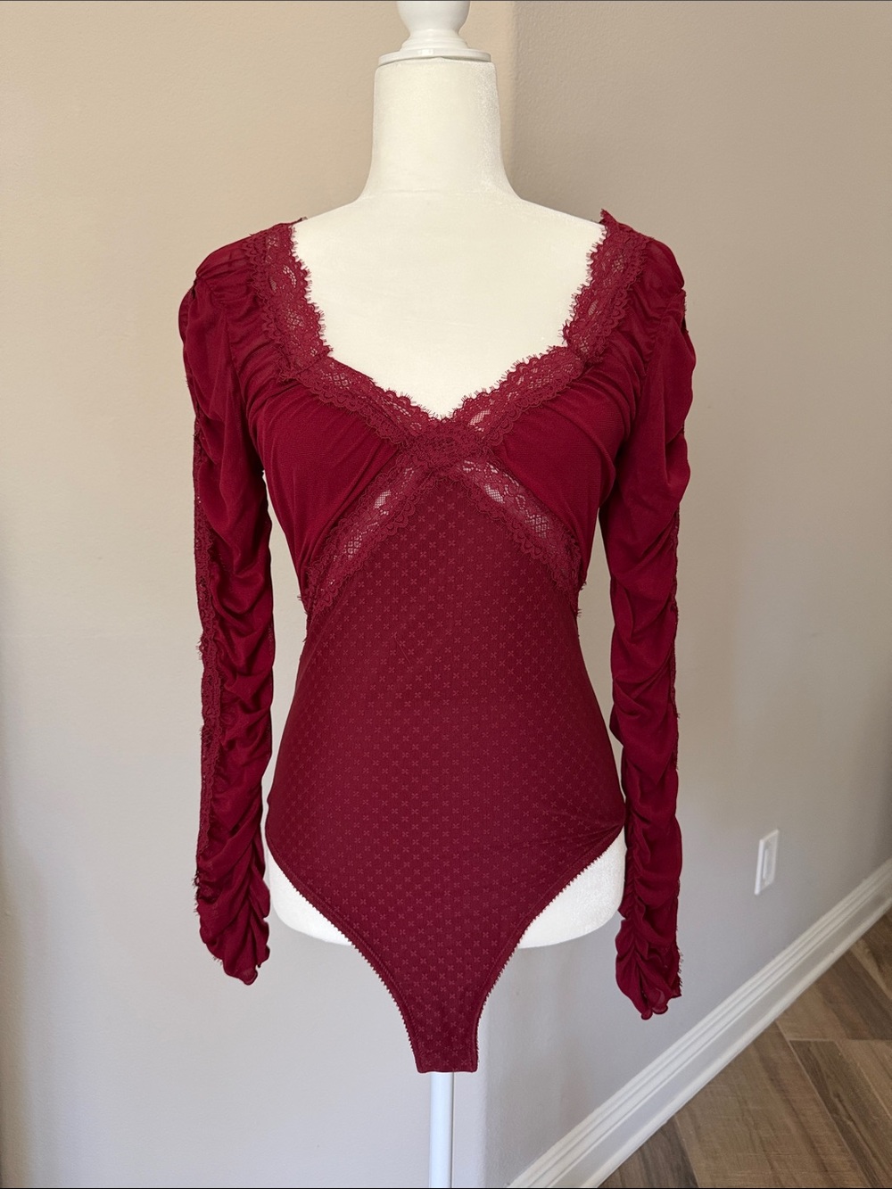 Free People Wine Red Lace-Trim Long Sleeve Bodysuit